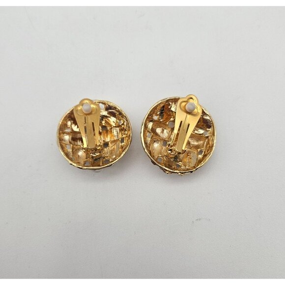 Vintage 1990s Gold Tone White Enamel Basket Weave Button Clip Earrings - Picture 2 of 3